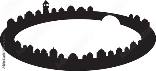 Circular oriental city silhouette panorama featuring dome architecture and ancient arched bridge