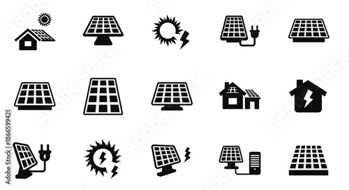 A set of 15 black and white icons related to solar energy and renewable energy, arranged in a 3x5 grid layout on a white background.