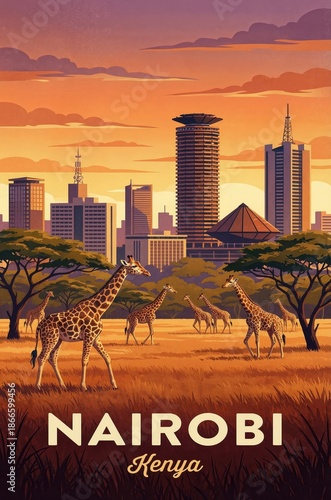 Retro Art Poster of Nairobi City and Wild Giraffes