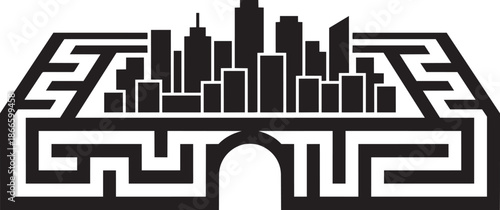 City skyline inside maze labyrinth structure silhouette graphic design element