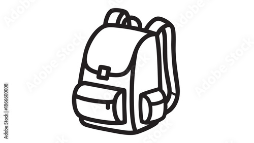A simple black and white illustration of a backpack with multiple pockets and straps on a plain white background