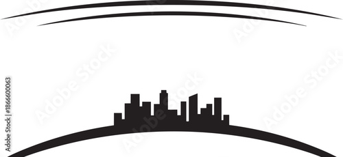 Small city skyline silhouette upon curved base with upper decorative lines