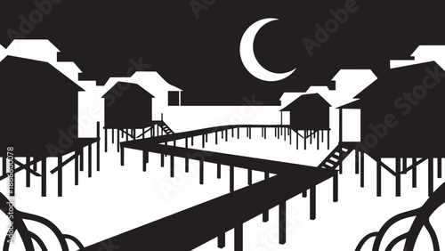 Stilt houses at night with moon and winding boardwalks over water in dark landscape