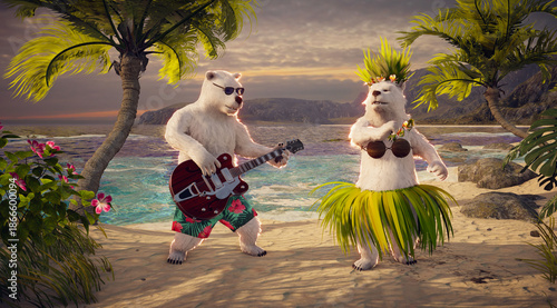 Romantic Polar Bears on Tropical Beach: Hawaiian Sunset Party with Guitar & Hula Dance. Perfect for Vacation, Love, Valentine's Day.