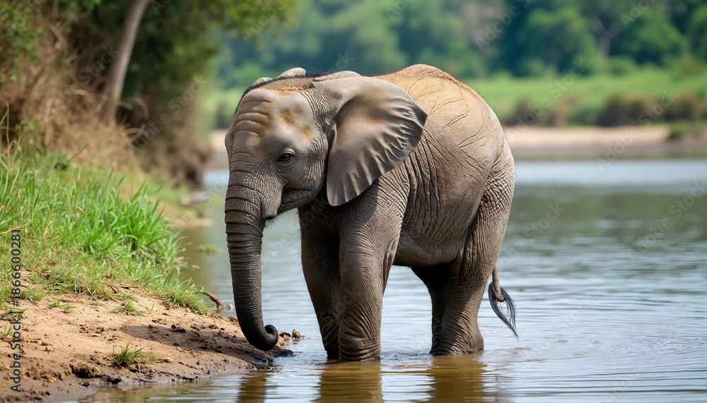 Fototapeta premium Elephant walking in water by riverbank in natural habitat 