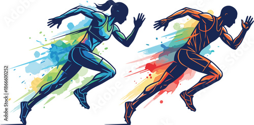 Two silhouettes of runners in blue and orange tones with artistic paint splatter background