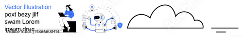 Automation, cloud technology, data management, artificial intelligence, online security, digital transformation. Robot handling tasks, woman using laptop cloud icon. Automation and cloud technology