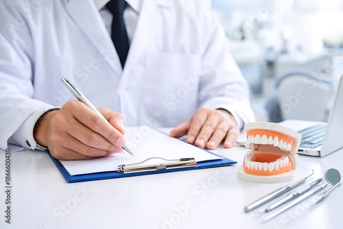 Dentist filling out paperwork with dental tools and model on the table