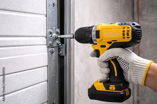 A person using a cordless drill to install a garage door handle