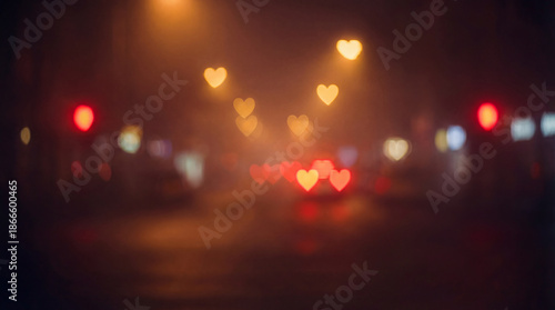 Heart bokeh lights blur city street. Warm heart bokeh from traffic lights creates dreamy heart background for valentinesday greeting, wedding invite, date night promo, romantic mood