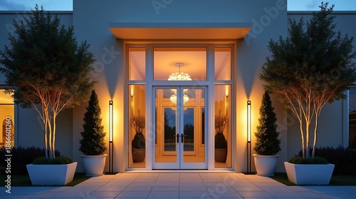 sleek glass double doors (revealing a chandelier inside) are flanked by warm-lit outdoor lamps and potted trees/shrubs. 