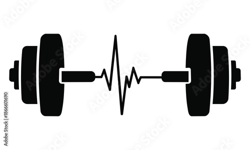 Black dumbbell with a heartbeat line through it on vector illustration