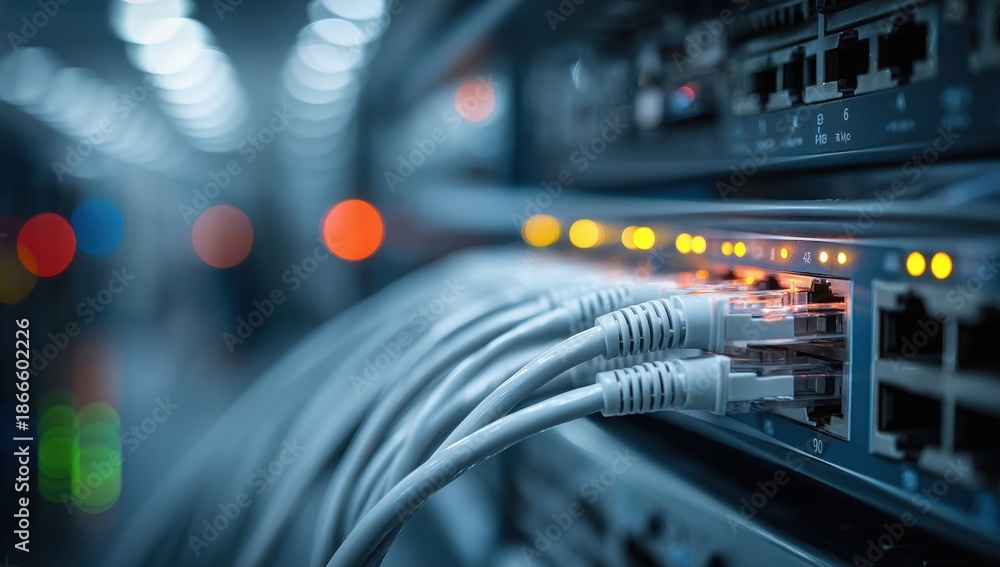 Naklejka premium network switch with cables connected, close-up on the cables and led lights in front view in the background is an electronic server cabinet containing internet activity Generative AI