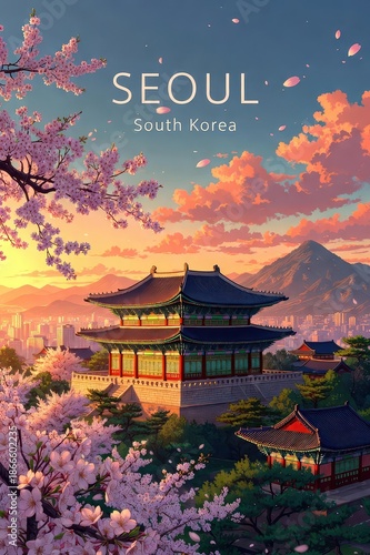 Vintage Travel Poster of Seoul, Ancient Palace and Blossoms at Sunset