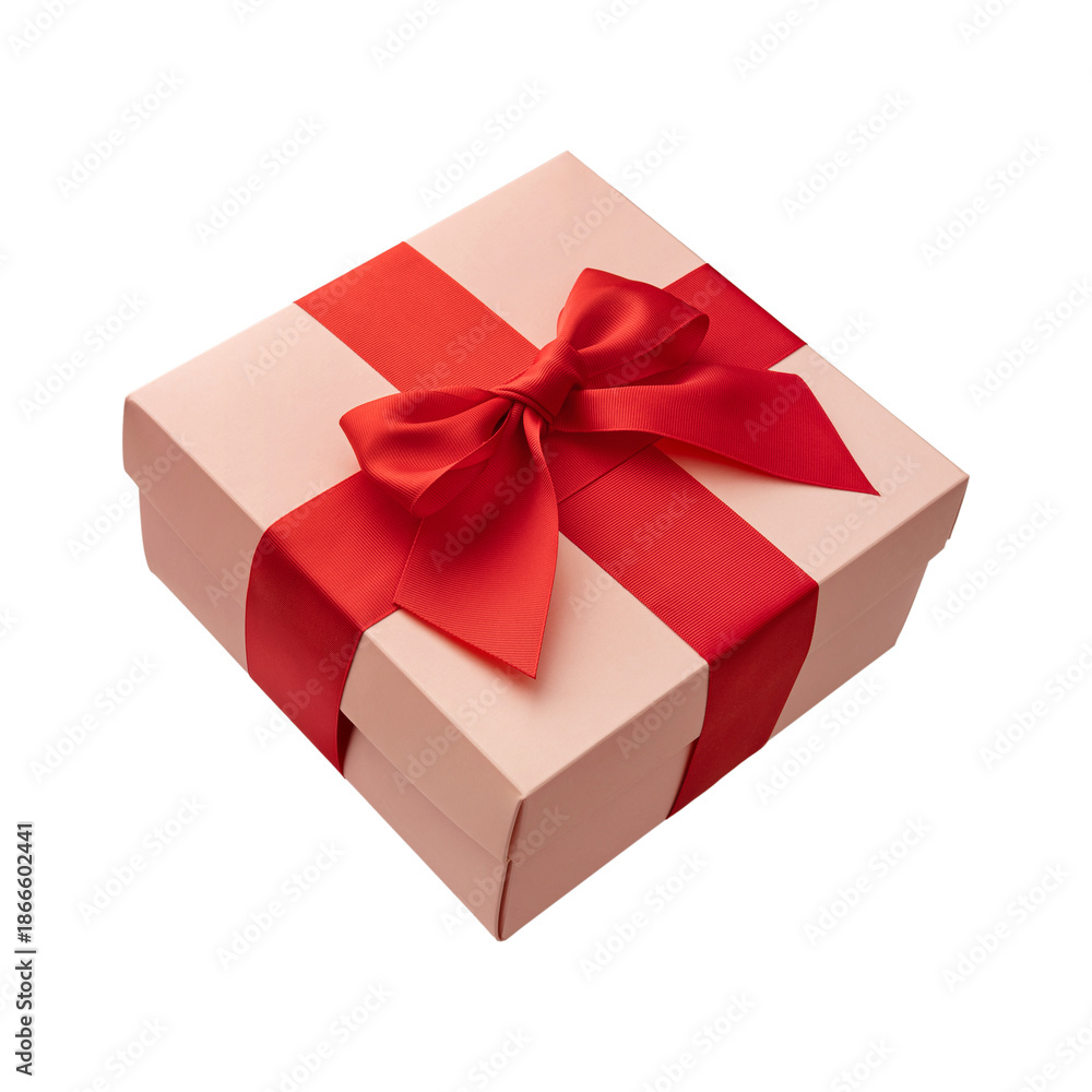 Obraz premium Pink box with a red bow on a white isolated background, a gift