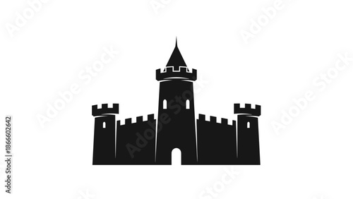 Stylized Black Medieval Castle Silhouette Icon Logo on White