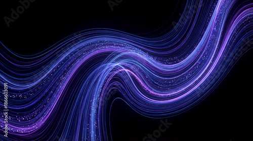 Purple neon light trails swirl. Neon trails sparkle on black background for christmas banner, for new year promo, neon flow for tech branding, luxury abstract backdrop with copy space