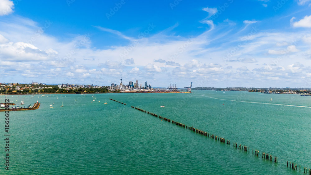 Fototapeta premium Aerial View of Auckland City Skyline from Omaha Bay Wharf, New Zealand
