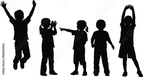 Children silhouette vector, expressive body poses, playful kids illustration, black figures art, childhood activity concept, gesture movement design, group fun
