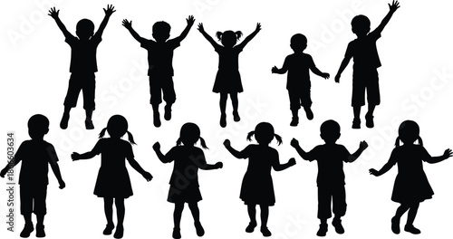 Children silhouette, playful kids, jumping pose, dancing children, black figures, unity concept, childhood joy, diverse group, expressive design, community theme