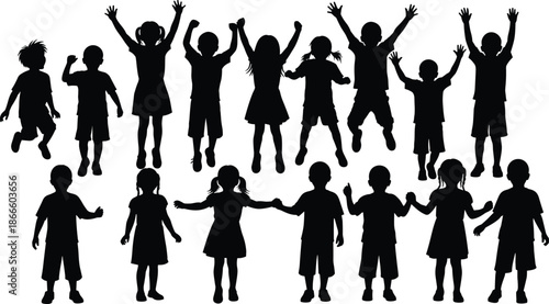 Children silhouette, playful kids, unity concept, diverse group, black figures, jumping children, holding hands, childhood joy, teamwork, inclusive design, community theme