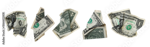 Εκτύπωση καμβά Set one dollar bill flying, crumpled and folded banknote isolated on white backg