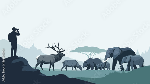Illustration of a man observing wildlife with binoculars, featuring an elephant family and a deer with antlers in a natural landscape with silhouettes.