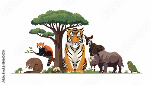 Illustration of various animals including a tiger, rhinoceros, and bird standing under a tree on a plain white background.