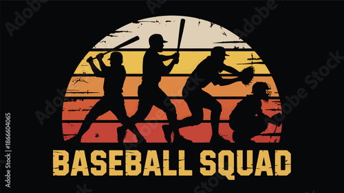Vintage sunset baseball squad silhouette artwork capturing the spirit of the game Vector