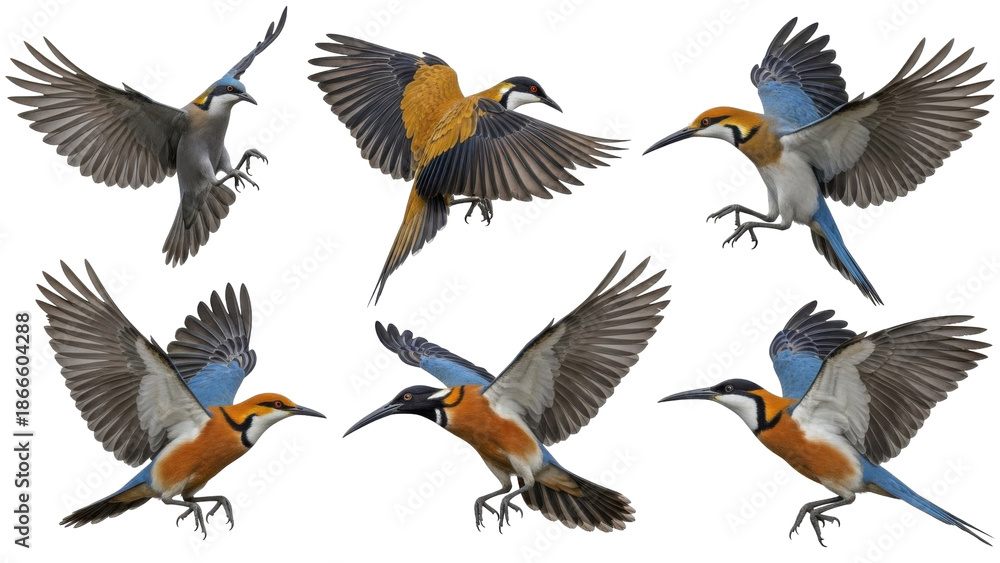 Obraz premium Six vibrant birds in flight, showcasing diverse plumage and dynamic poses against a white backdrop.