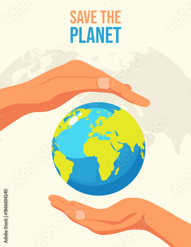 Global Protection: Hands Safeguarding Our Planet Earth. Earth Day.Banner Earth Day with a planet Earth in the blue clouds.