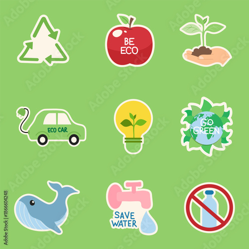 Eco stickers: recycling, renewable energy and sustainable development.