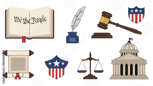 Collection of legal and government symbols and book open