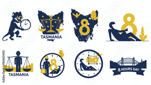 Eight hour day symbols and Tasmanian in blue and yellow