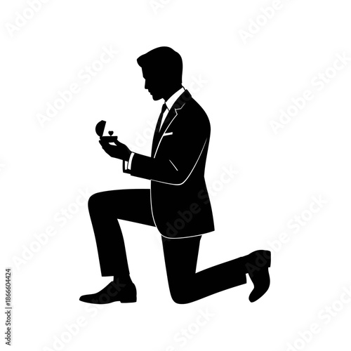 A silhouette of a man on one knee, holding an engagement ring
