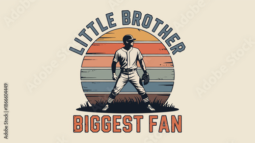 Baseball player vintage graphic with 'little brother biggest fan' text and retro sunset Vector