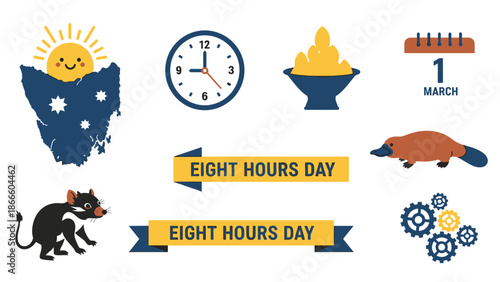 Eight Hours Day Celebration with Australian Symbols and Clock time