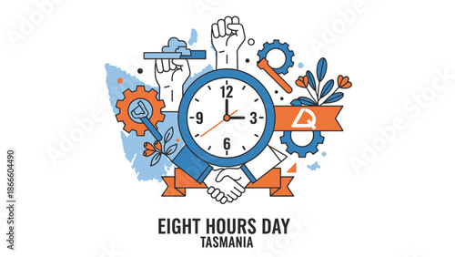 Eight Hours Day Tasmania Celebration with Clock and Gears hands orange
