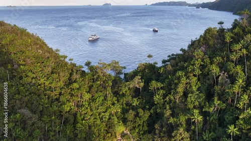 The scenic islands of Wyil rise from the seascape near Misool, Indonesia. This region harbors spectacular marine biological diversity and is a popular destination for divers and snorkelers.