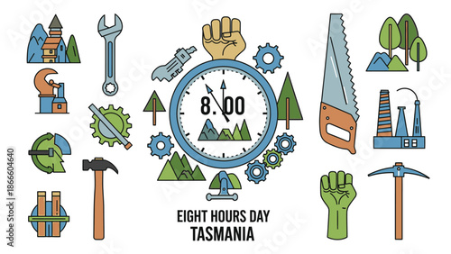 Eight Hours Day Tasmania Celebration with Tools and Mountains clock gears