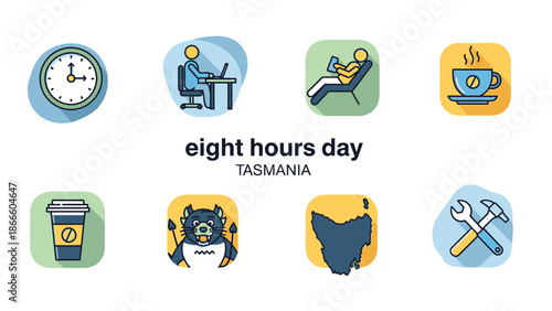 Eight hours day Tasmania concept with and map