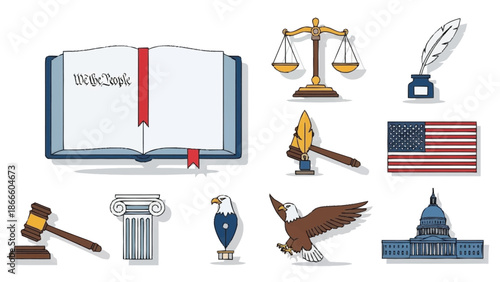 Collection of legal and political symbols including book, scales, eagle, and flag