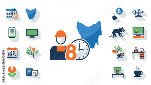 Flat of remote work with Tasmanian devil and Australian states