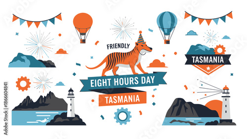 Friendly tiger dog celebrating eight hours day in Tasmania with hot air balloons and lighthouses