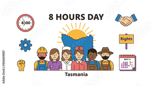 Group of diverse workers celebrating 8 hours day in Tasmania with clock and calendar