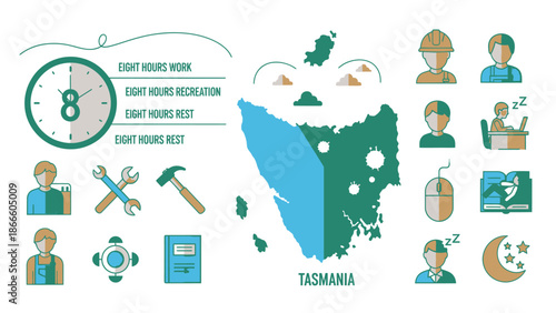 Tasmania map with work rest recreation and clock green blue