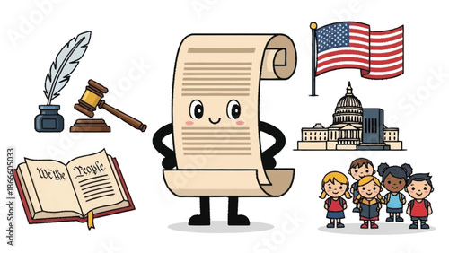 Cute anthropomorphic scroll with smiling face and children standing nearby smile