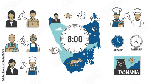 Tasmania time zone with people and clocks workers