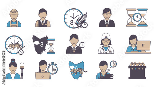 Various professionals with clocks and Tasmanian symbols in blue and beige