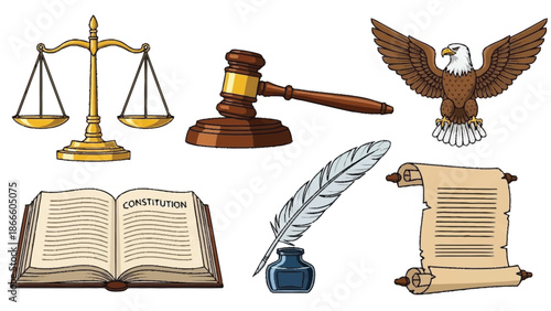 Eagle, gavel, scales, feather, book, scroll, and inkwell